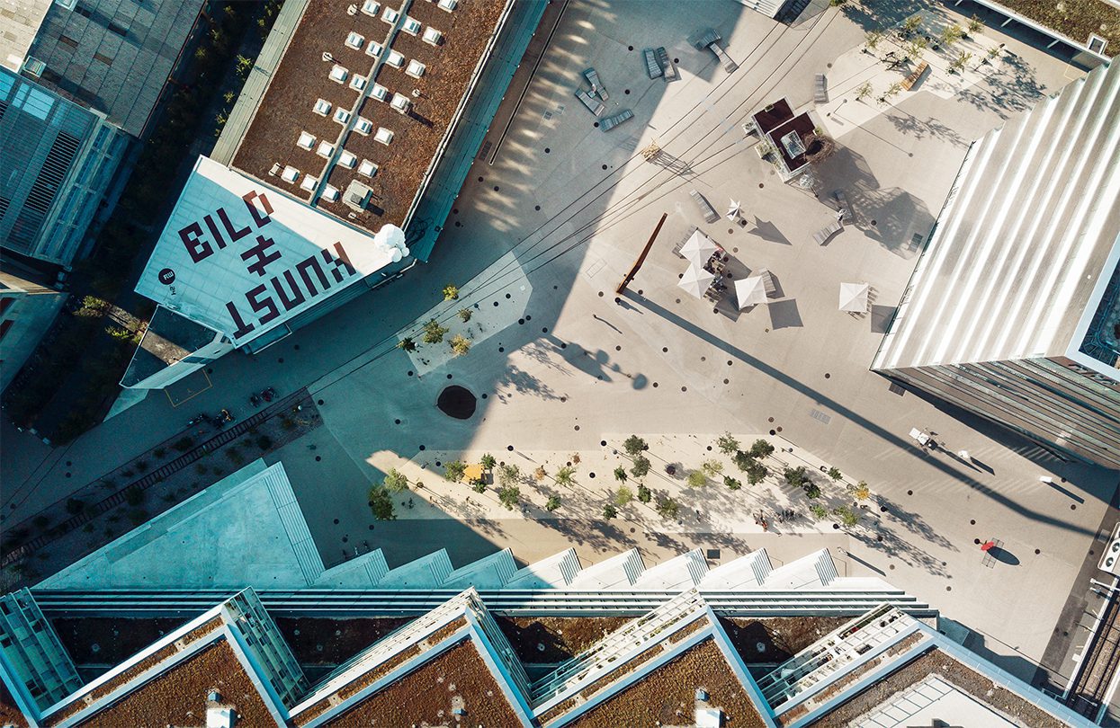 Drone shot in the Dreispitz with the courtyard of the College of Art and Design. by Switzerland Tourism - Stefan Tschumi