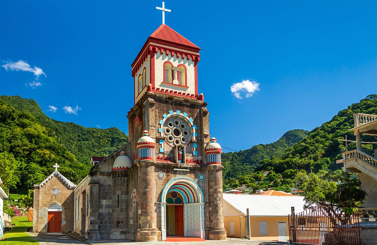 Soufriere Church is an 18th-century Catholic Church built entirely out of volcanic stone. Dominica is home to 8 of the 16 volcanoes in the Caribbean, image by loneroc